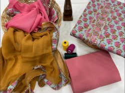Cyan and Pink embroidered suit online india with chiffon dupatta