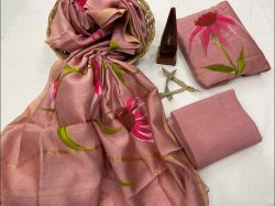 Coral Pink Floral hand painted chanderi suit