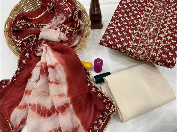 Carmine designer cotton embroidery salwar suit With chiffon dupatta
