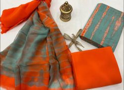 Orange and Teal designer cotton suits with chiffon dupatta