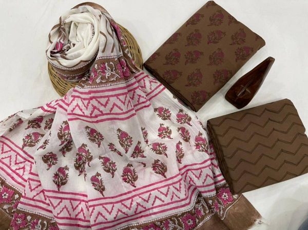 Pink and white floral print cotton suit with printed dupatta