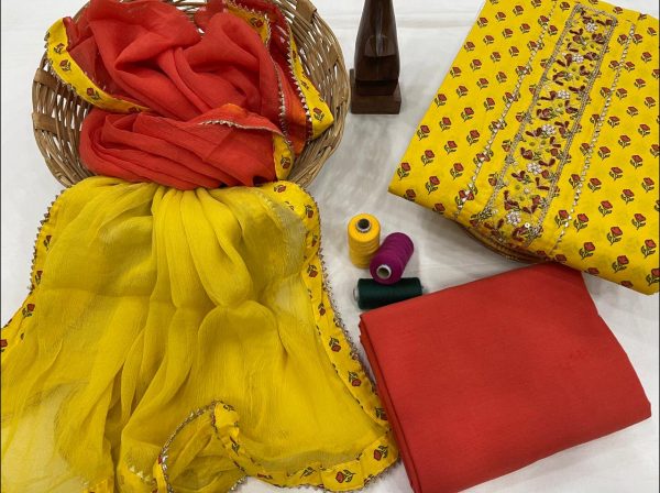 Yellow and orange embroidery suit with price with chiffon dupatta