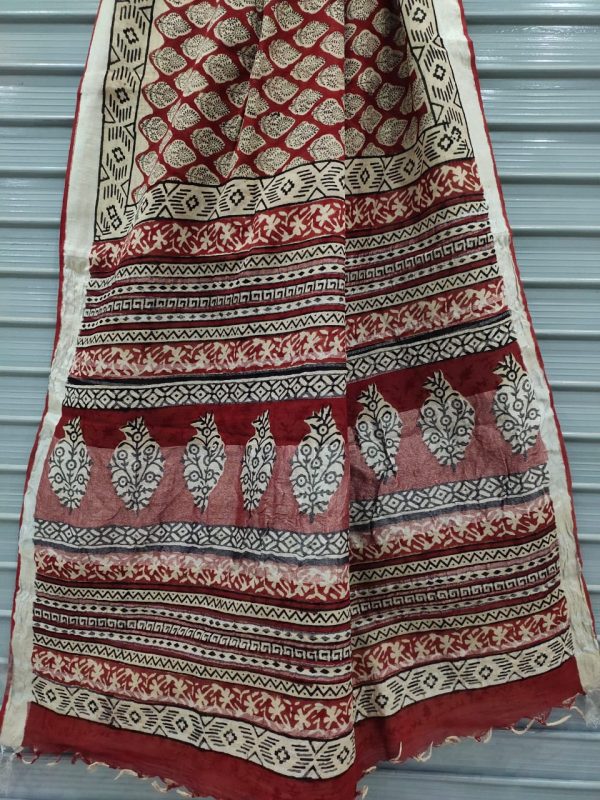 Maroon cotton linen saree with printed cotton blouse