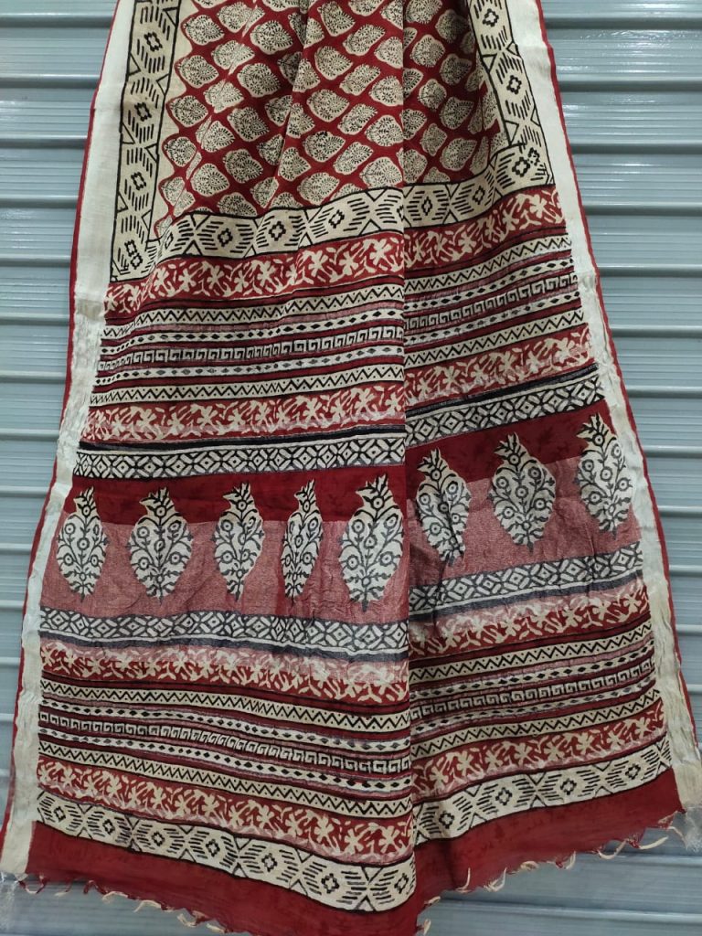 Maroon cotton linen saree with printed cotton blouse