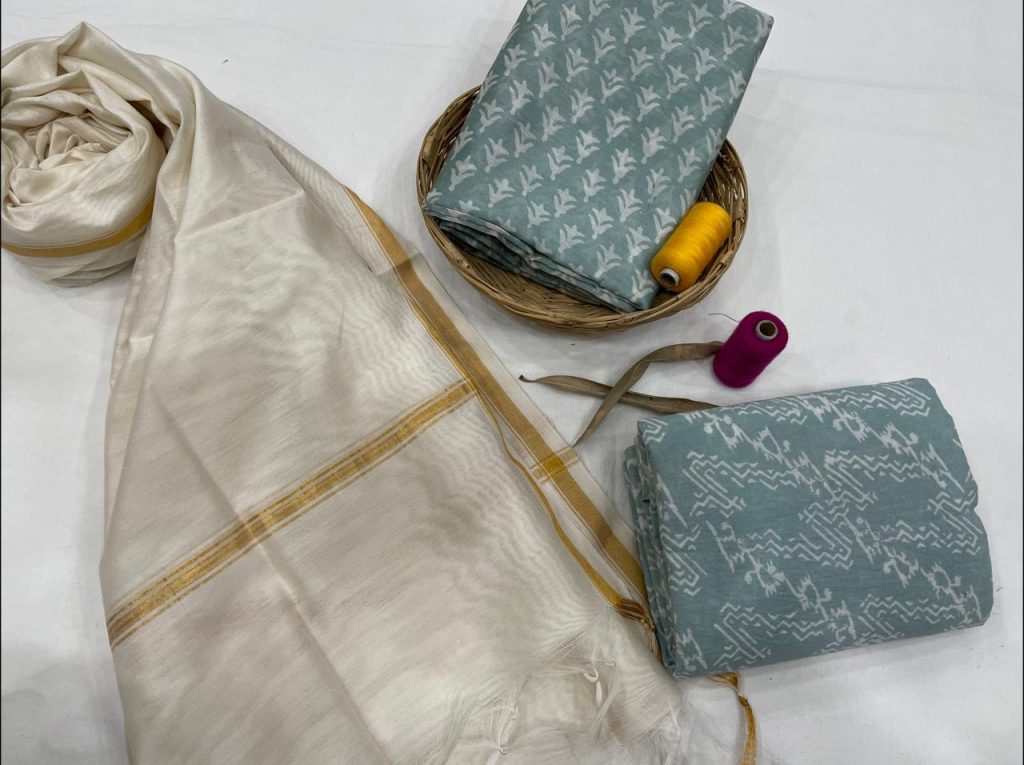 Teal and white chanderi suit with dupatta