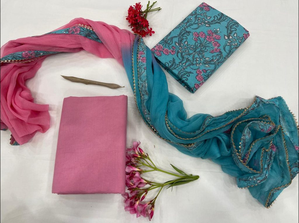 Blue-green And magenta  cotton suits with chiffon Border dupatta
