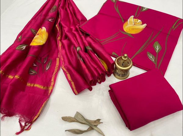 Rose Hand Painted  Cotton salwar suit with Chanderi dupatta set