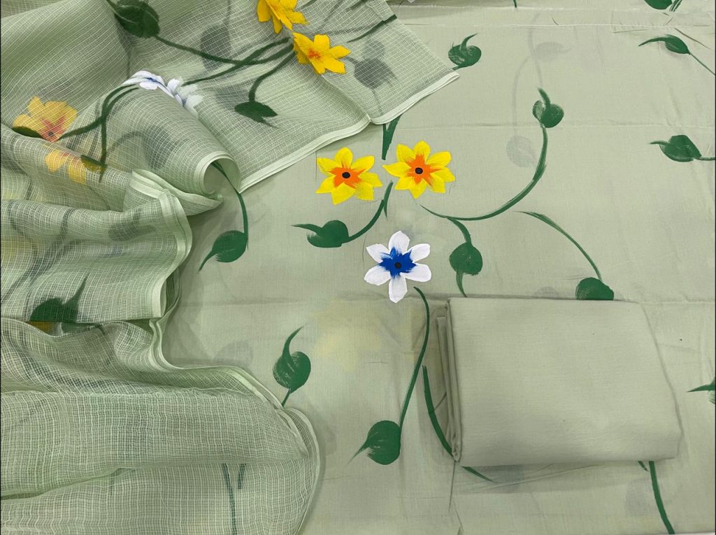 Dull green Floral print salwar suits designs with kota doria dupatta
