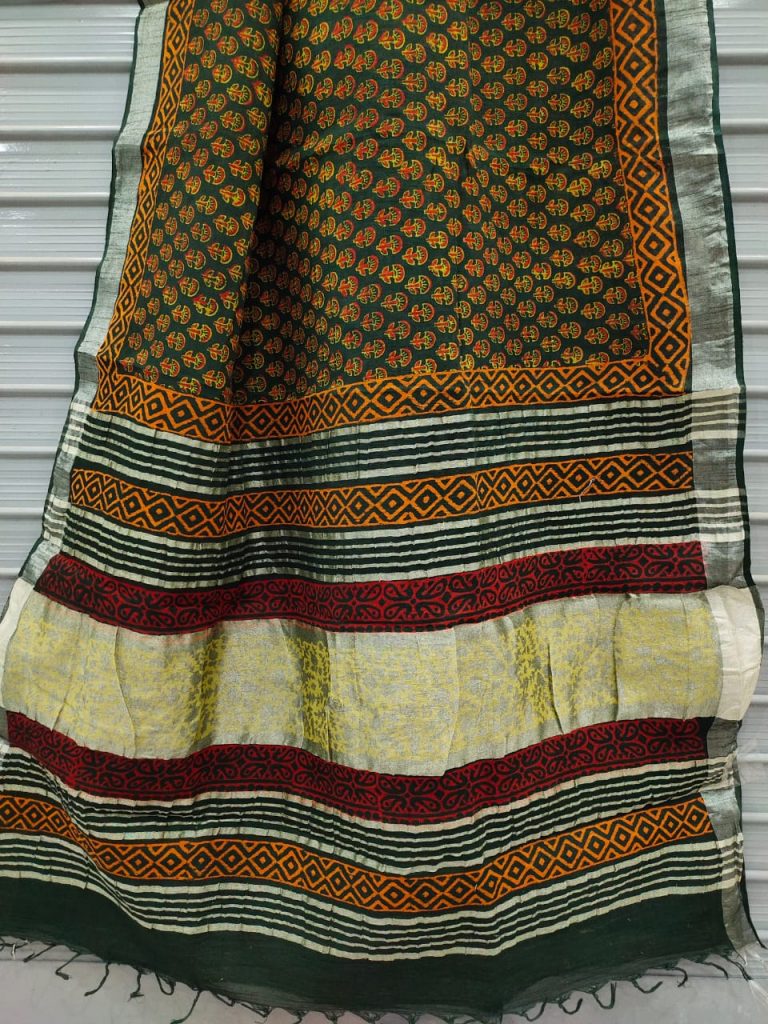Green cotton linen saree with printed cotton blouse