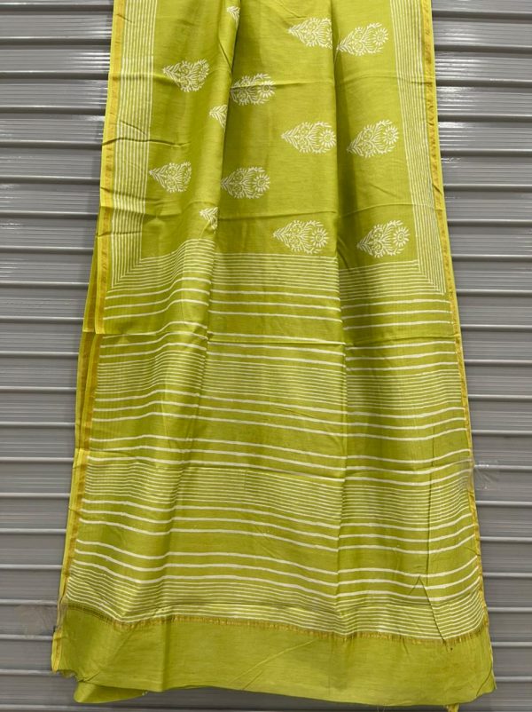 Lime chanderi printed sarees With blouse
