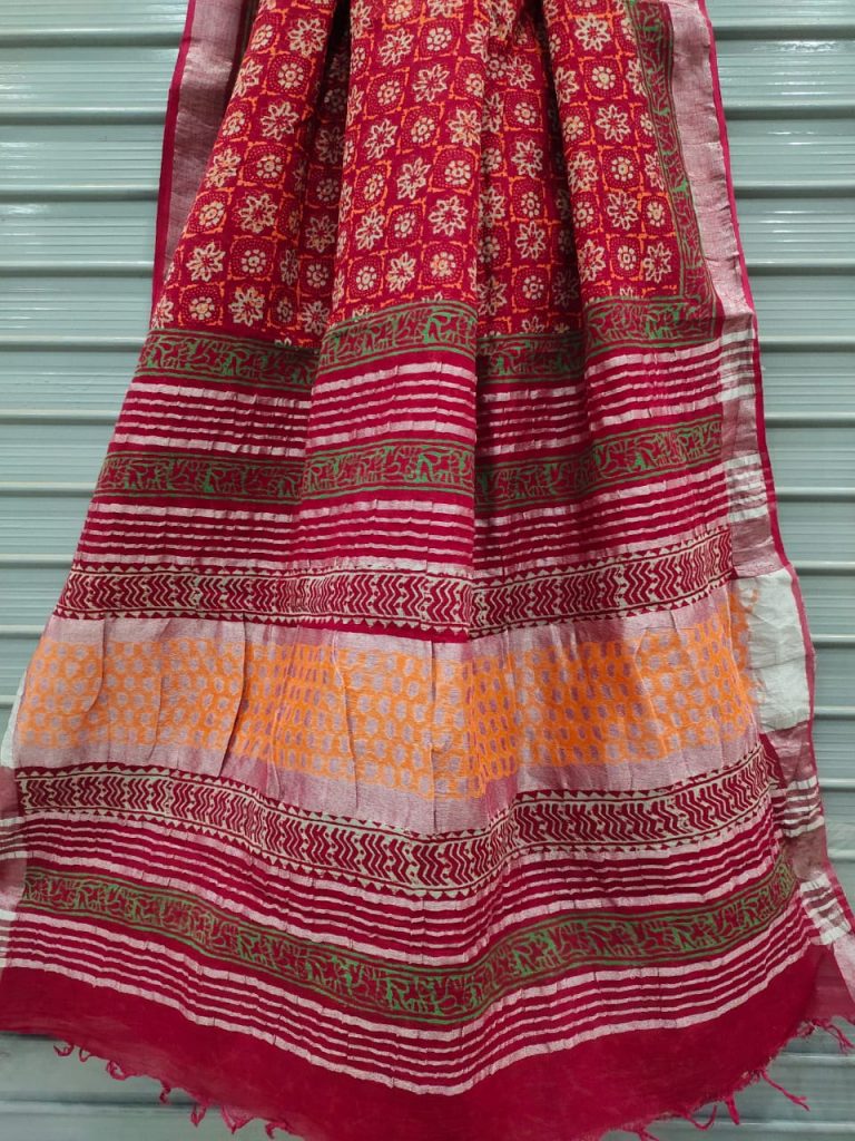 Red crimson linen saree with printed cotton blouse