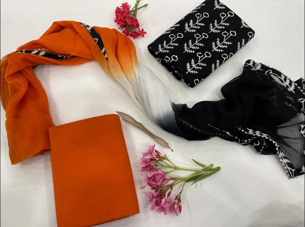 Orange and Black cotton Salwar suits with chiffon Border dupatta