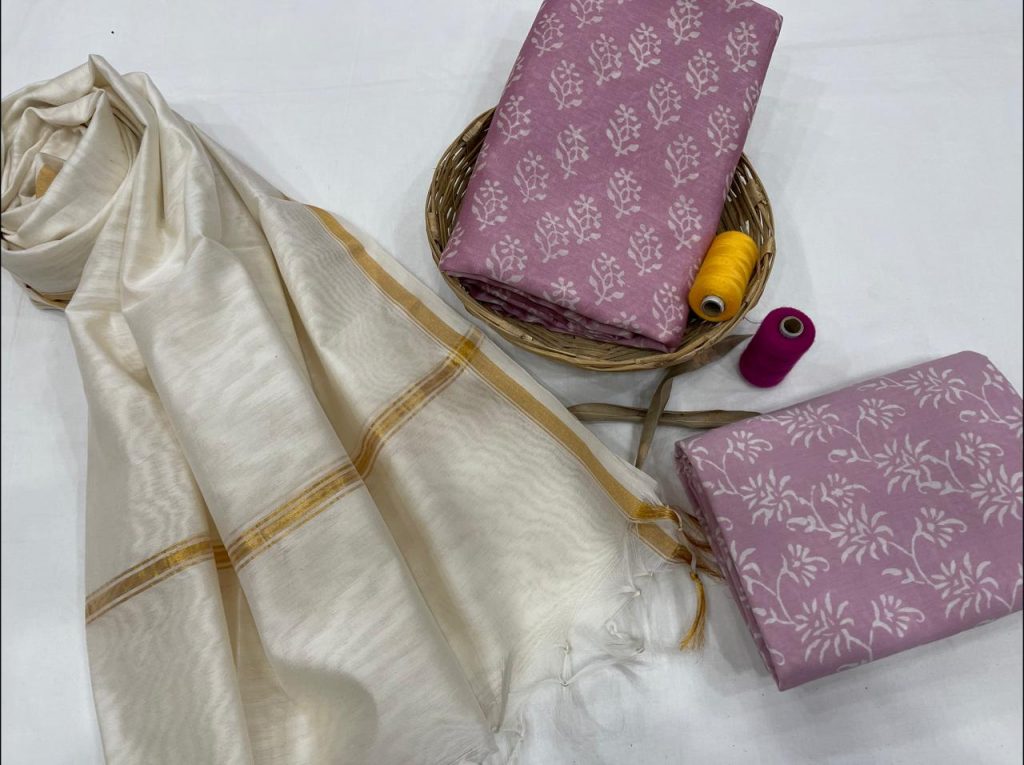 Rose Dust And white chanderi suit with dupatta