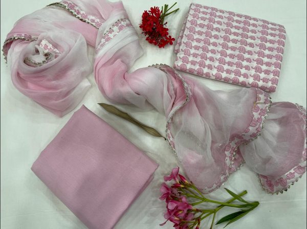 Pink cotton suits with pure chiffon Border dupatta wholesale