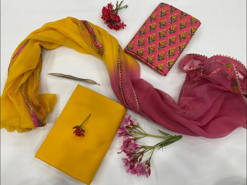Pink and amber cotton suit pure Chiffon Border dupatta