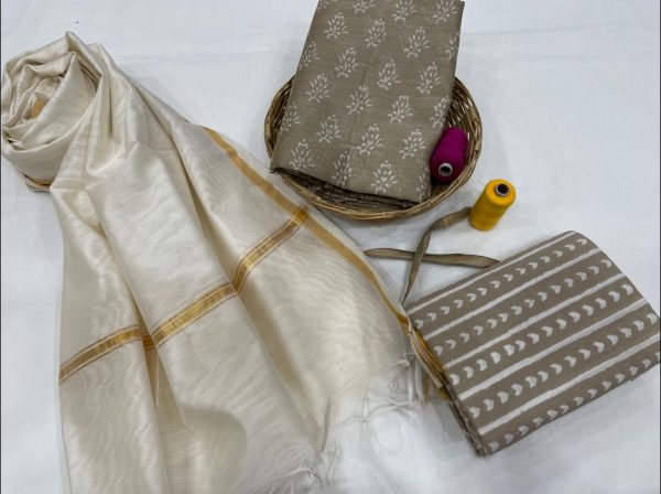 Tan and white Pigment print chanderi suits in jaipur