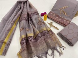 Jaipuri Lavender Puce  cotton suit with banarsi dupatta