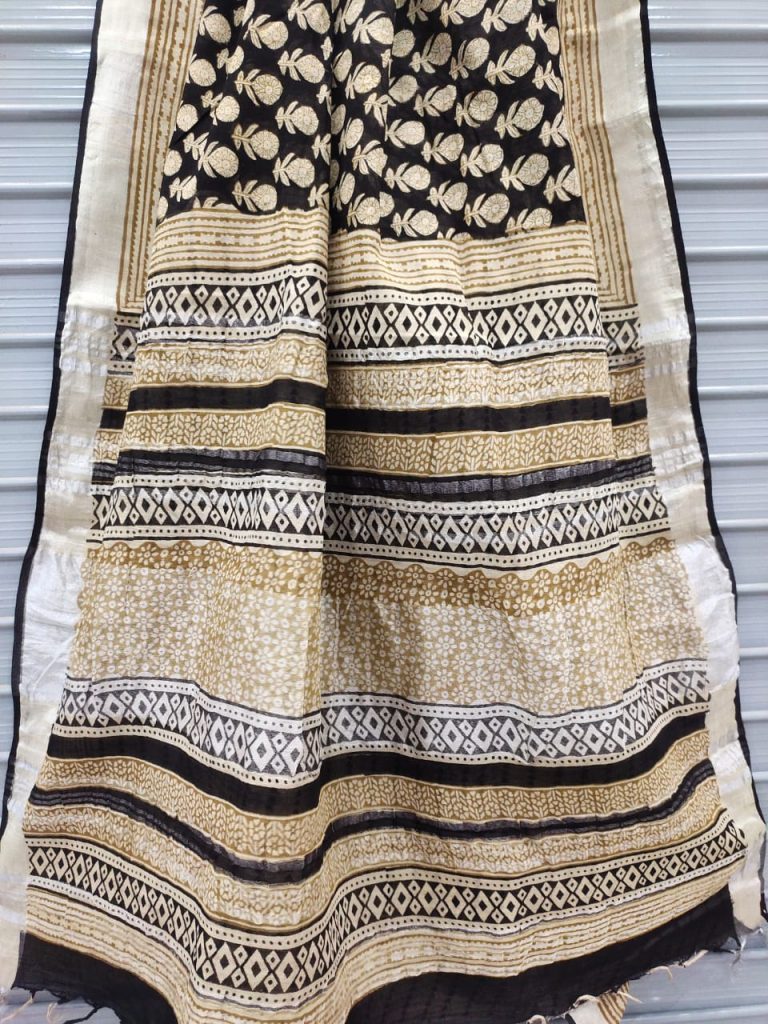 Beige and black  Handloom cotton linen saree