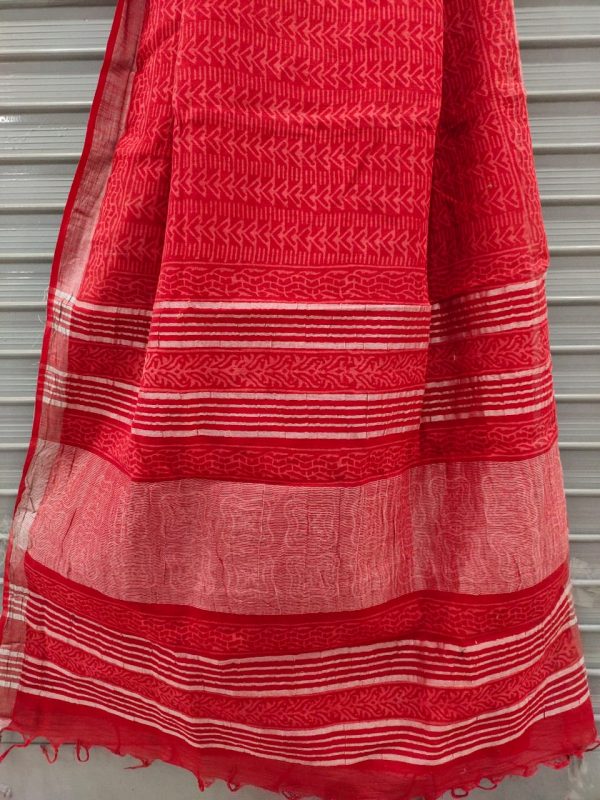 Cherry Red cotton linen saree with printed cotton blouse