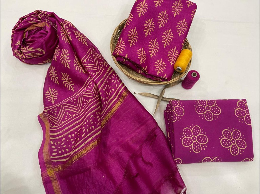 Lightweight Designer Multicolor Hand Block Print Chanderi Silk Suit Set  With Dupatta Decoration Material: Cloths at Best Price in Azamgarh | Ladies  Stylish Garments