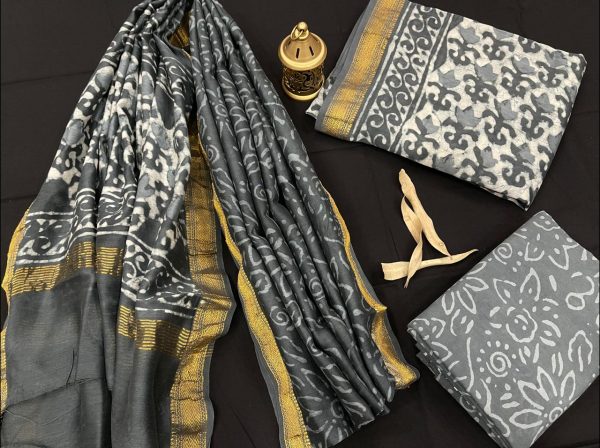 Slate gray maheshwari silk suit set with cotton pajama