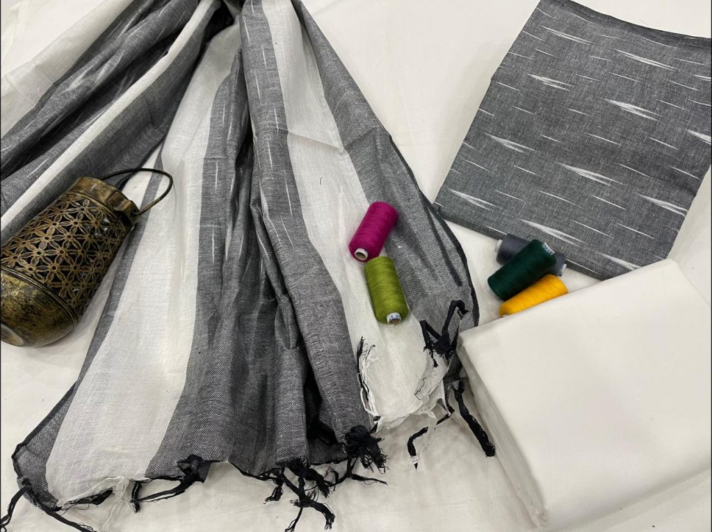Gray and white handloom printed ikkat suit set