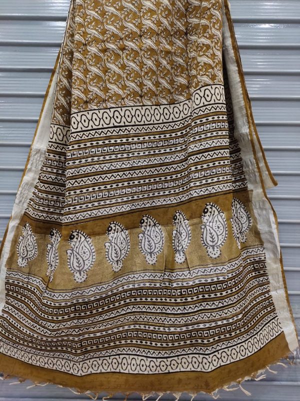 Copper linen saree with printed cotton blouse