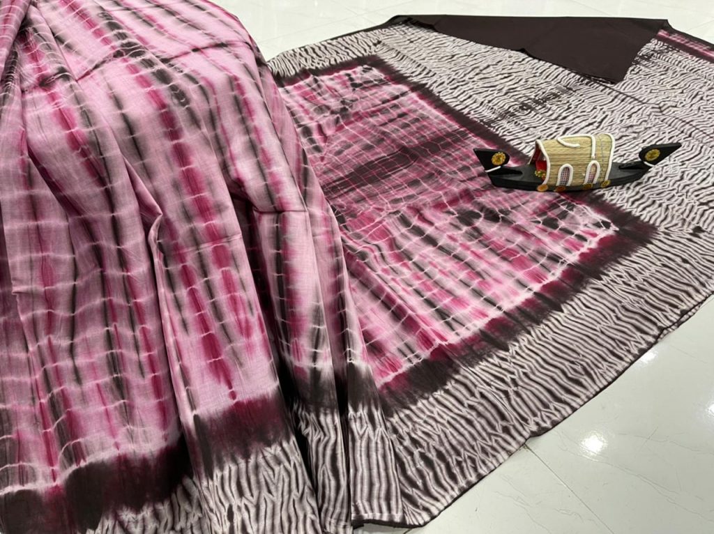 Maroon and Pink shibori print cotton printed saree With blouse low price