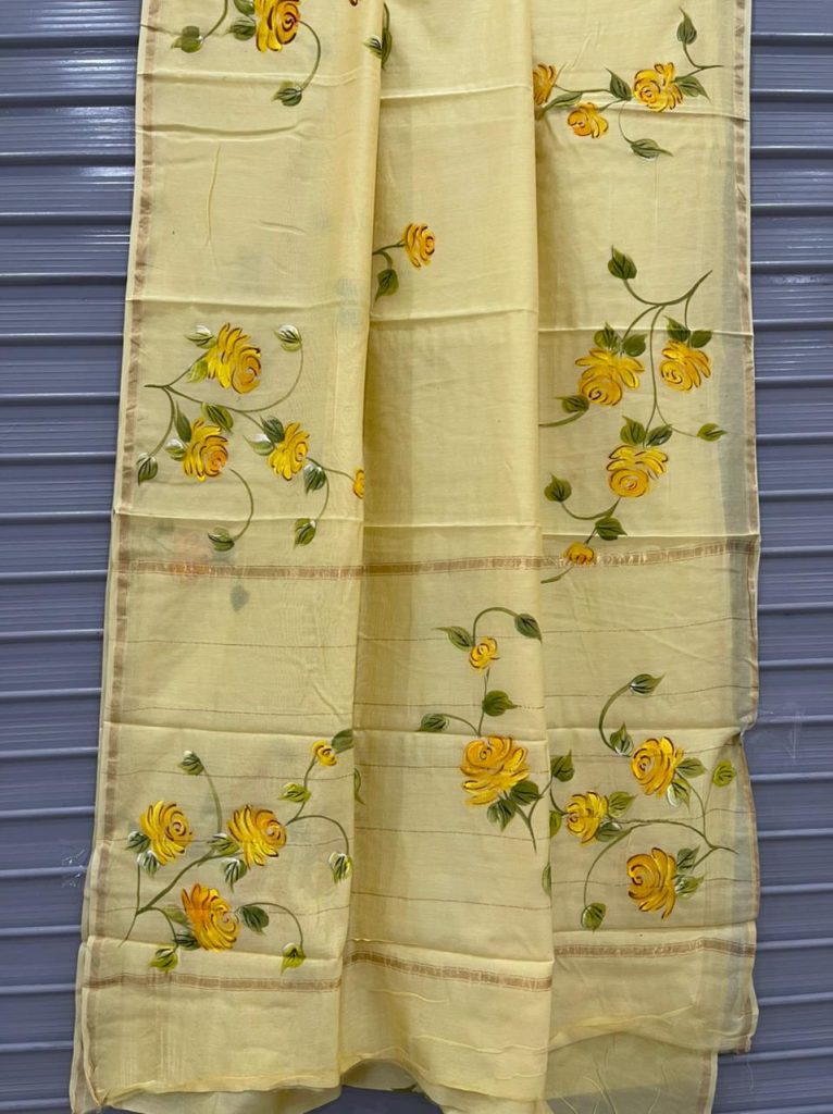 Floral print Peach Yellow printed chanderi silk saree