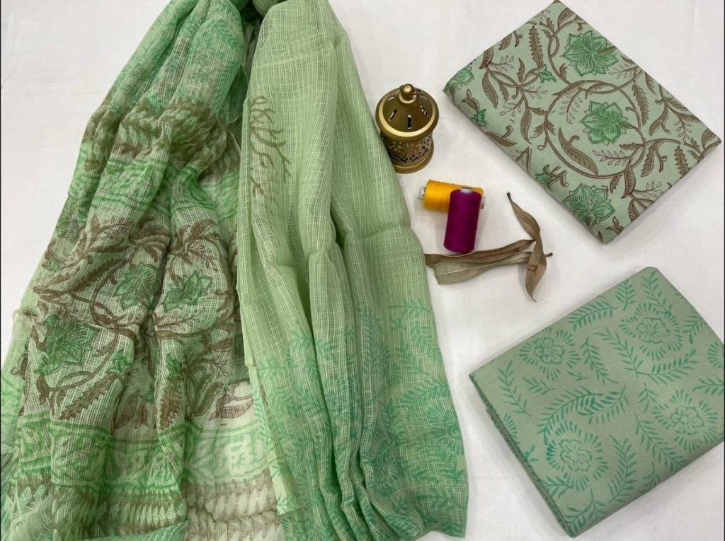 Dull green floral print Cotton salwar suits designs with kota doria dupatta