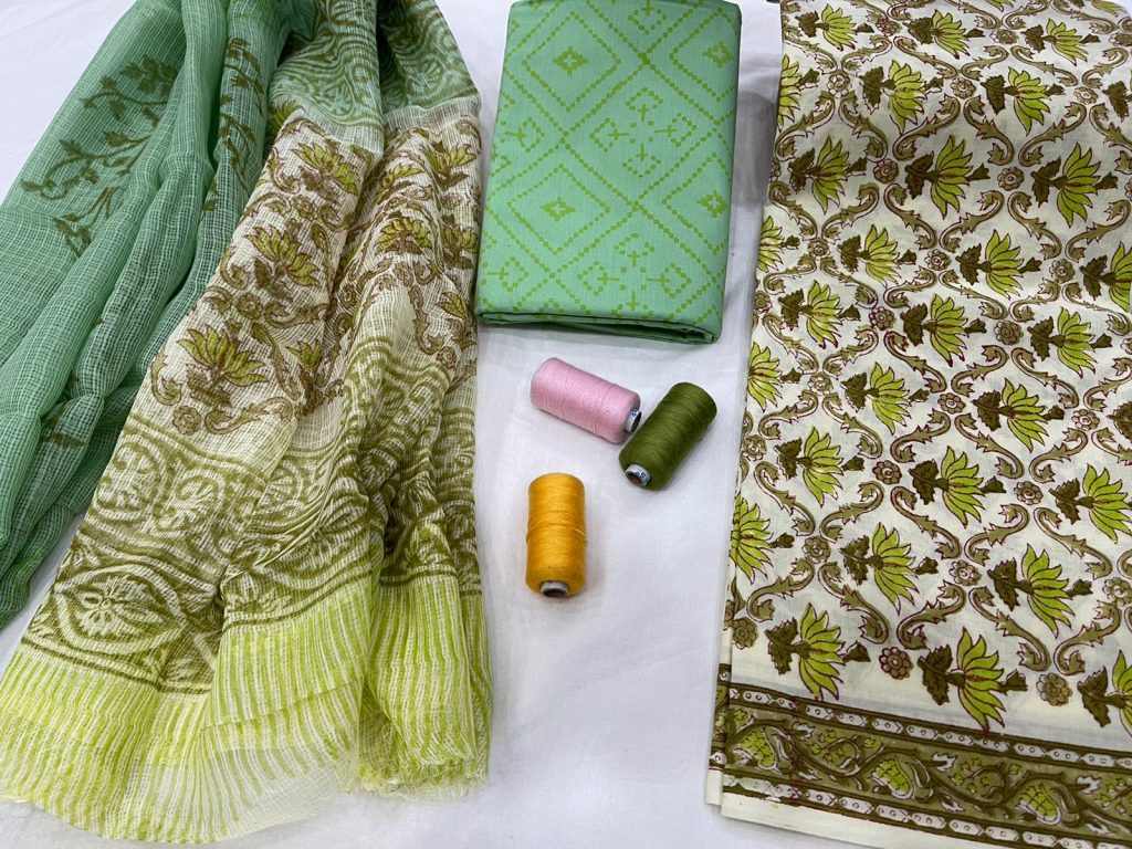 Green Floral print salwar suits designs with kota doria dupatta