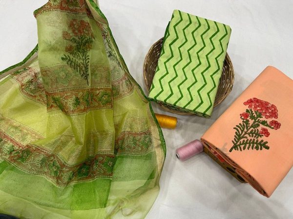 Dull green and Coral salwar suits with kota silk dupatta