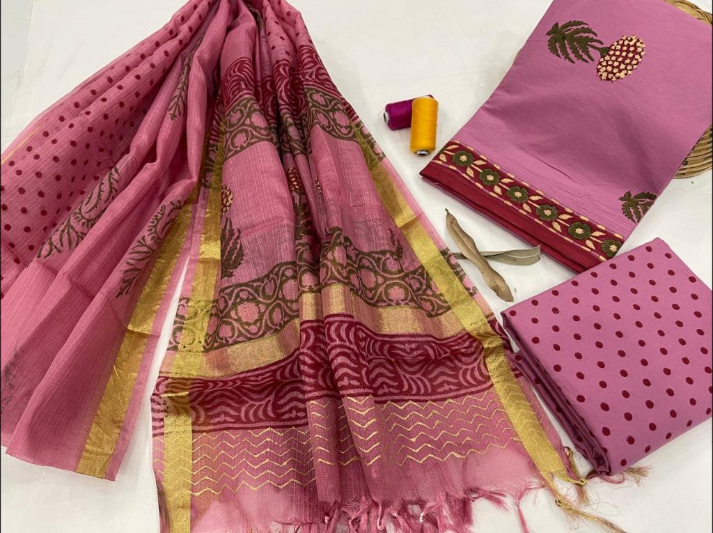 Pink floral print Cotton salwar suits with kota silk dupatta