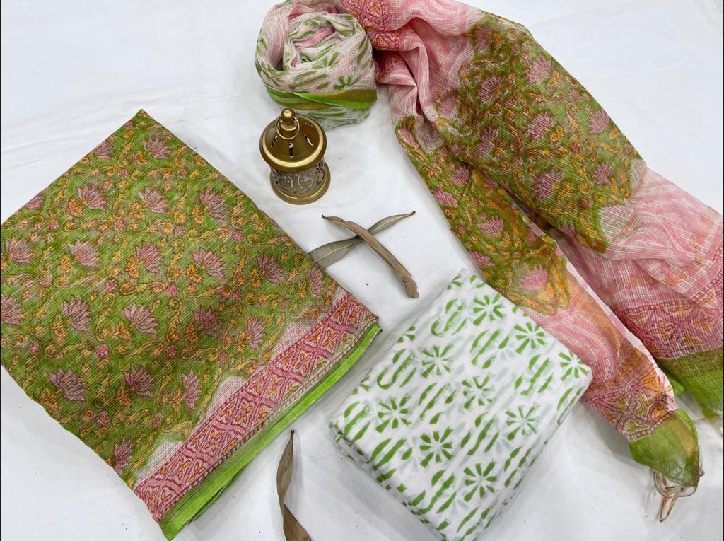 Green floral print kota doria suits wholesale