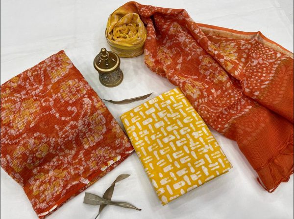 Orange and yellow kota doria suits online shopping