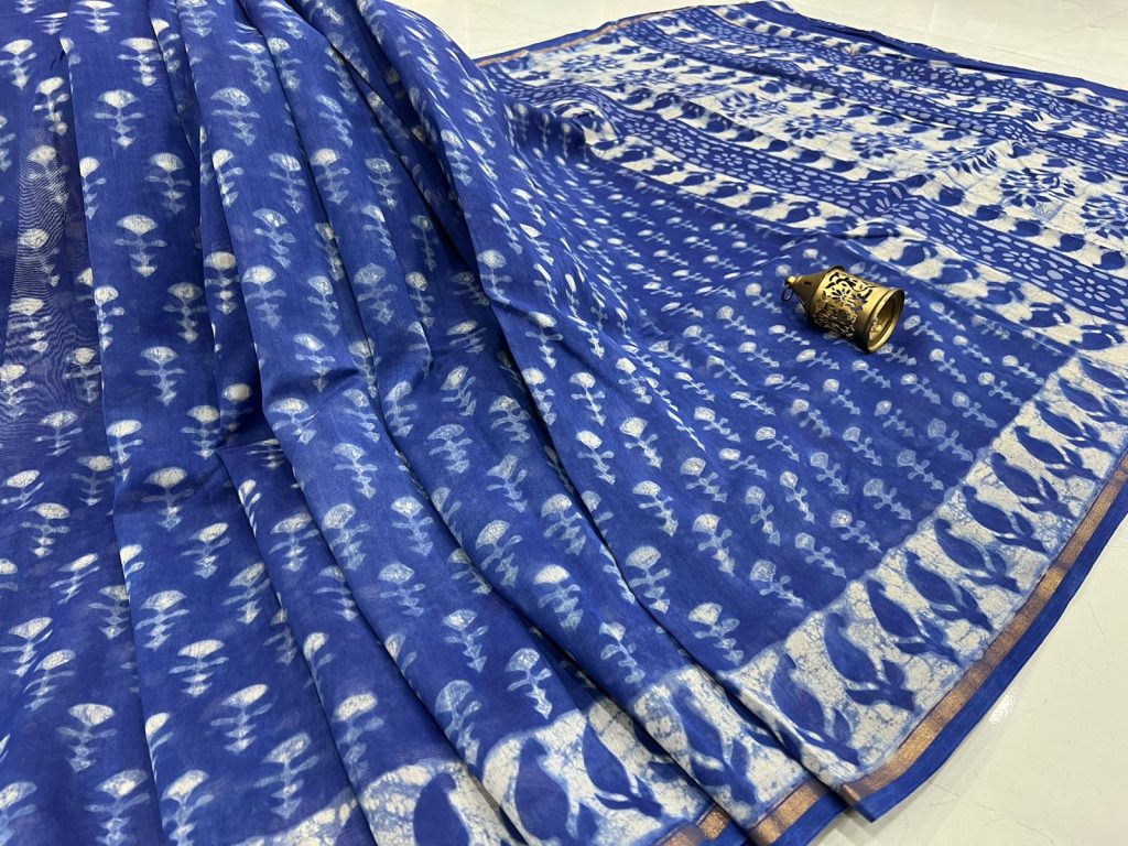 Persian blue batik print chanderi silk saree