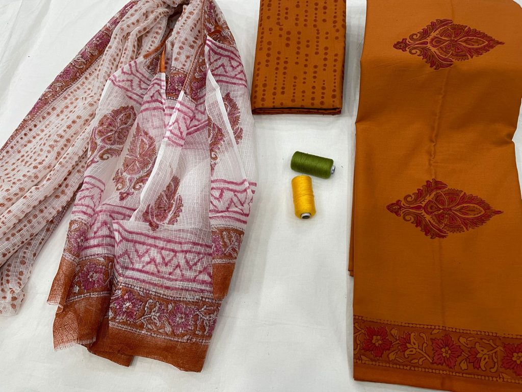 Copper Red mugal print salwar suits designs with kota doria dupatta