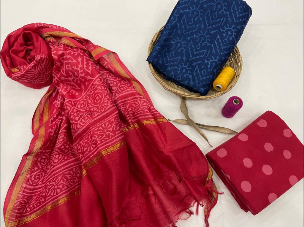 Deep Cherry Red and blue Chanderi suit chanderi suit material online