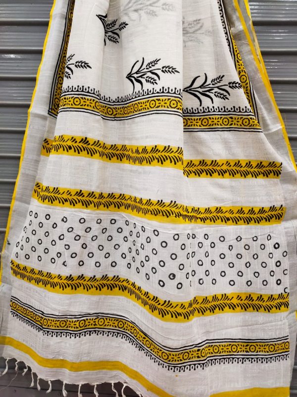 White cotton linen saree with printed cotton blouse