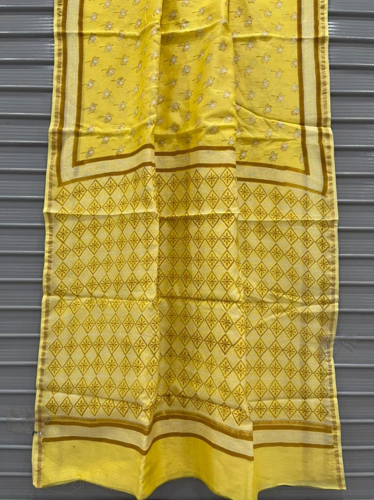 Yellow block print chanderi saree with blouse