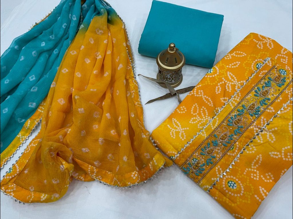 Amber ans cyan printed cotton embroidery suit with chiffon dupatta