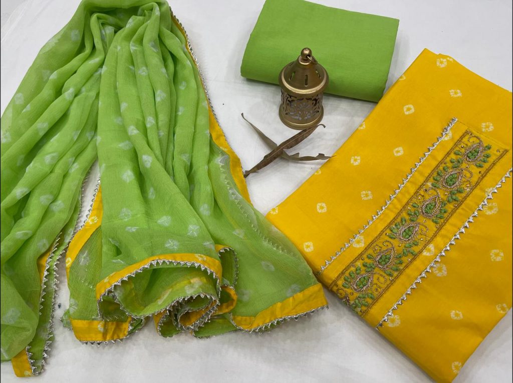 Amber and Green gota patti embroidery suits with chiffon dupatta