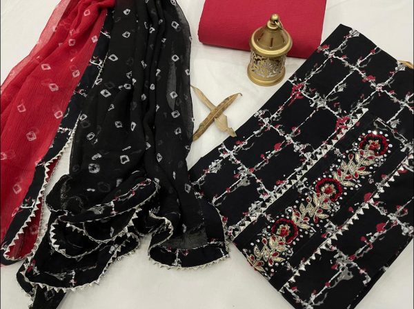 Black and Crimson cotton embroidery suit with chiffon dupatta