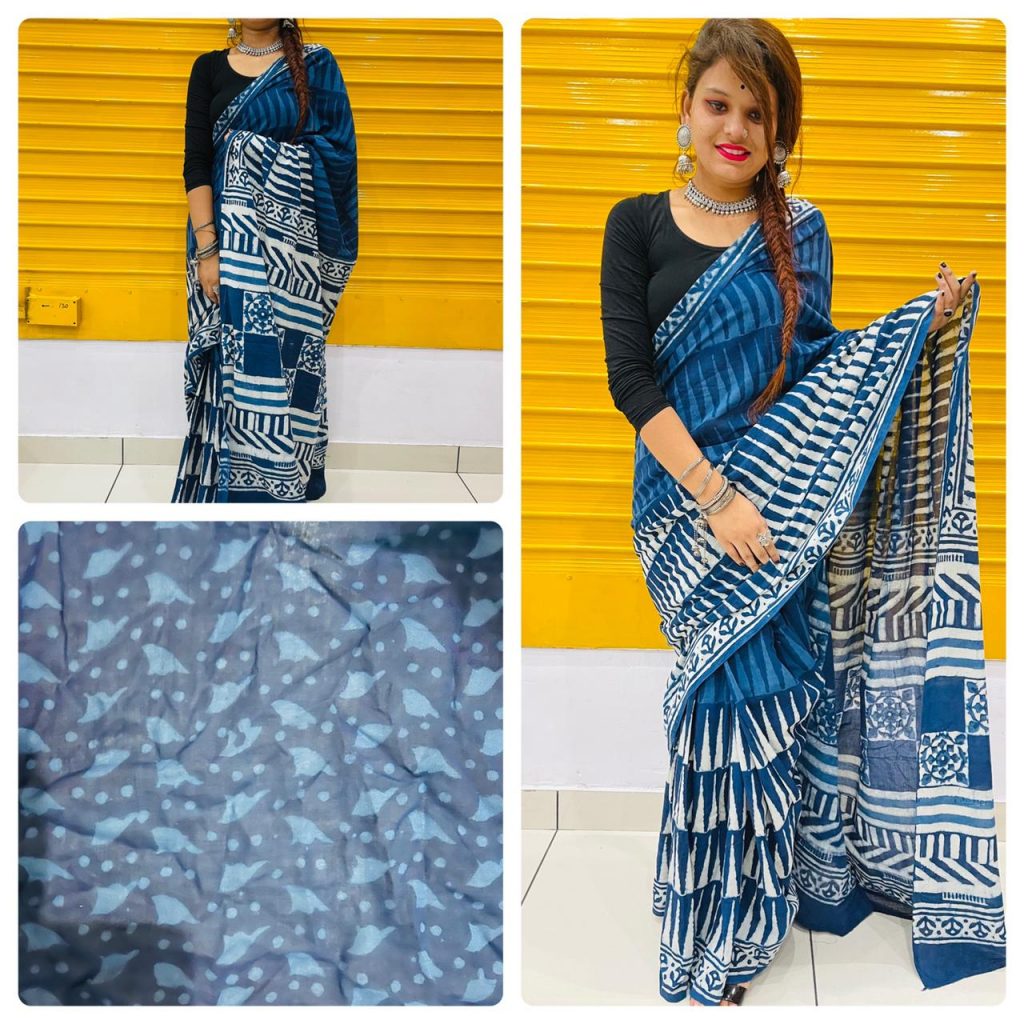 blue regular wear cotton sarees with blouse