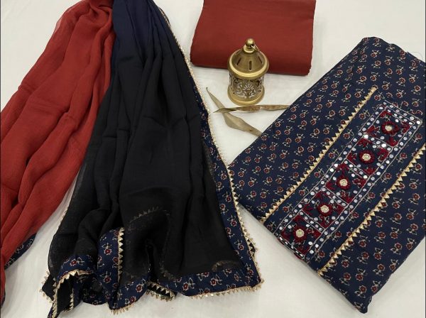 Blue and Crimson new embroidery designs salwar kameez with chiffon dupatta