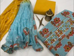 Cyan hand embroidery suit design with chiffon dupatta