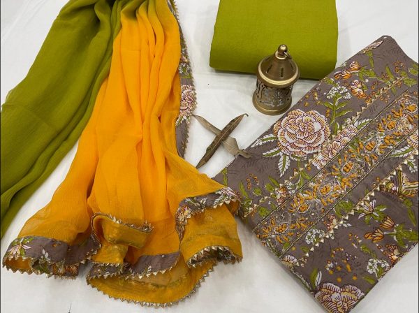 Brown and amber gota patti embroidery suits with chiffon dupatta