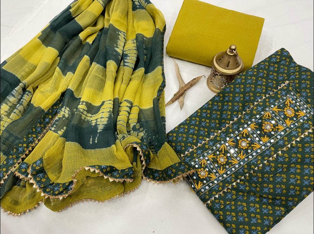 Green and lime  embroidery cotton suit with chiffon dupatta