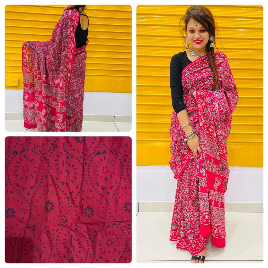 Cherry Red daily wear cotton sarees with blouse