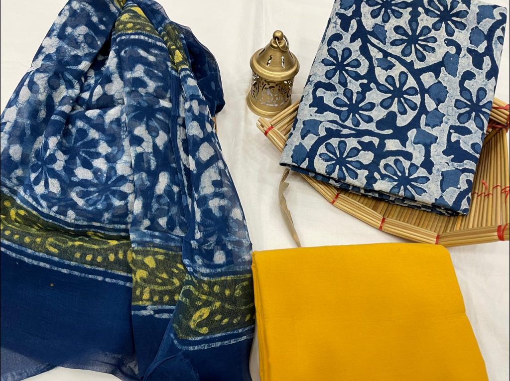 Blue and yellow cotton suits with pure dupatta